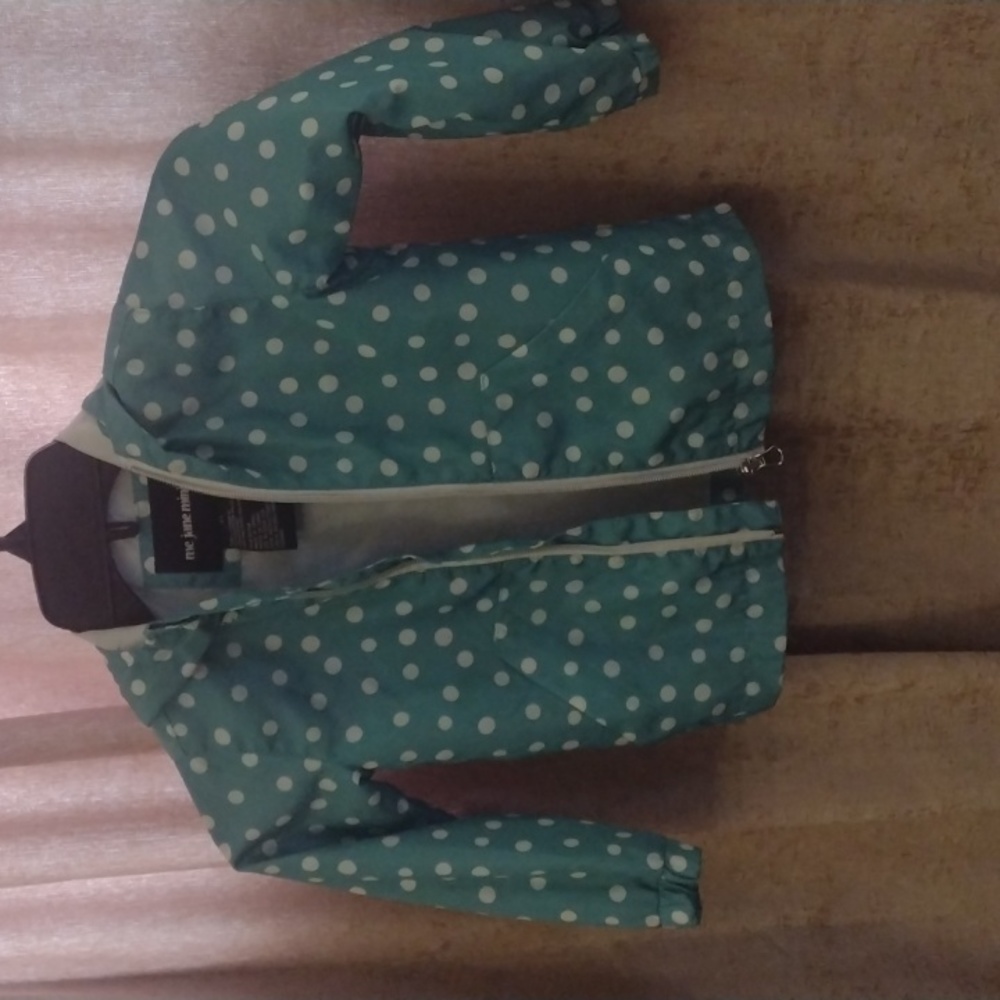 ME JANE MINI RAIN JACKET . TEAL GREEN WHITE POLKA DOTS SIZE 3T